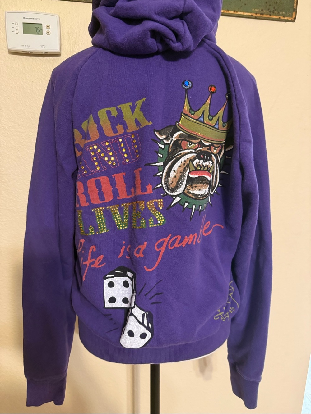 VTG ED HARDY Designs Christian Audiger Bulldog Beaded Jeweled Purple Zip Hoodie